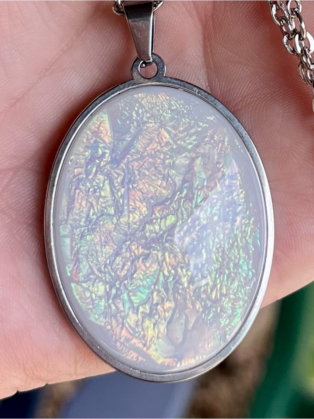 Large Iridescent synthetic White Opal-Oval Pendant Necklace
